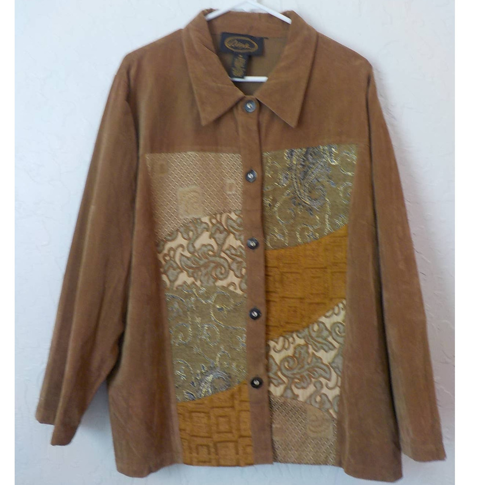 VTG Alex Kim Brown Velvet Shirt Blazer Women 1X (XL) Patchwork ButtonUp Festival
